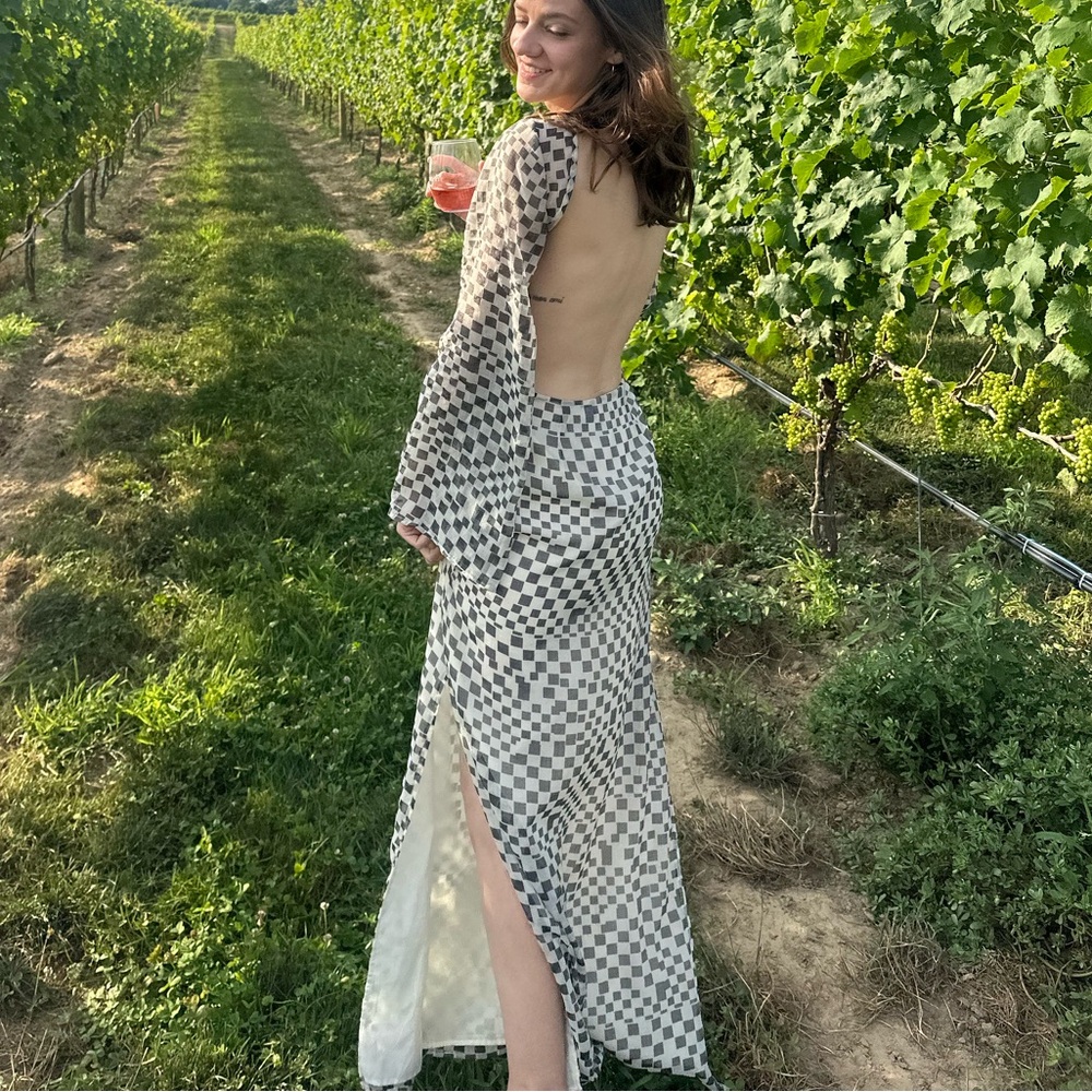 Nasty Gal Checkerboard Print Open Back Black and White Maxi Dress - Picture 2 of 5